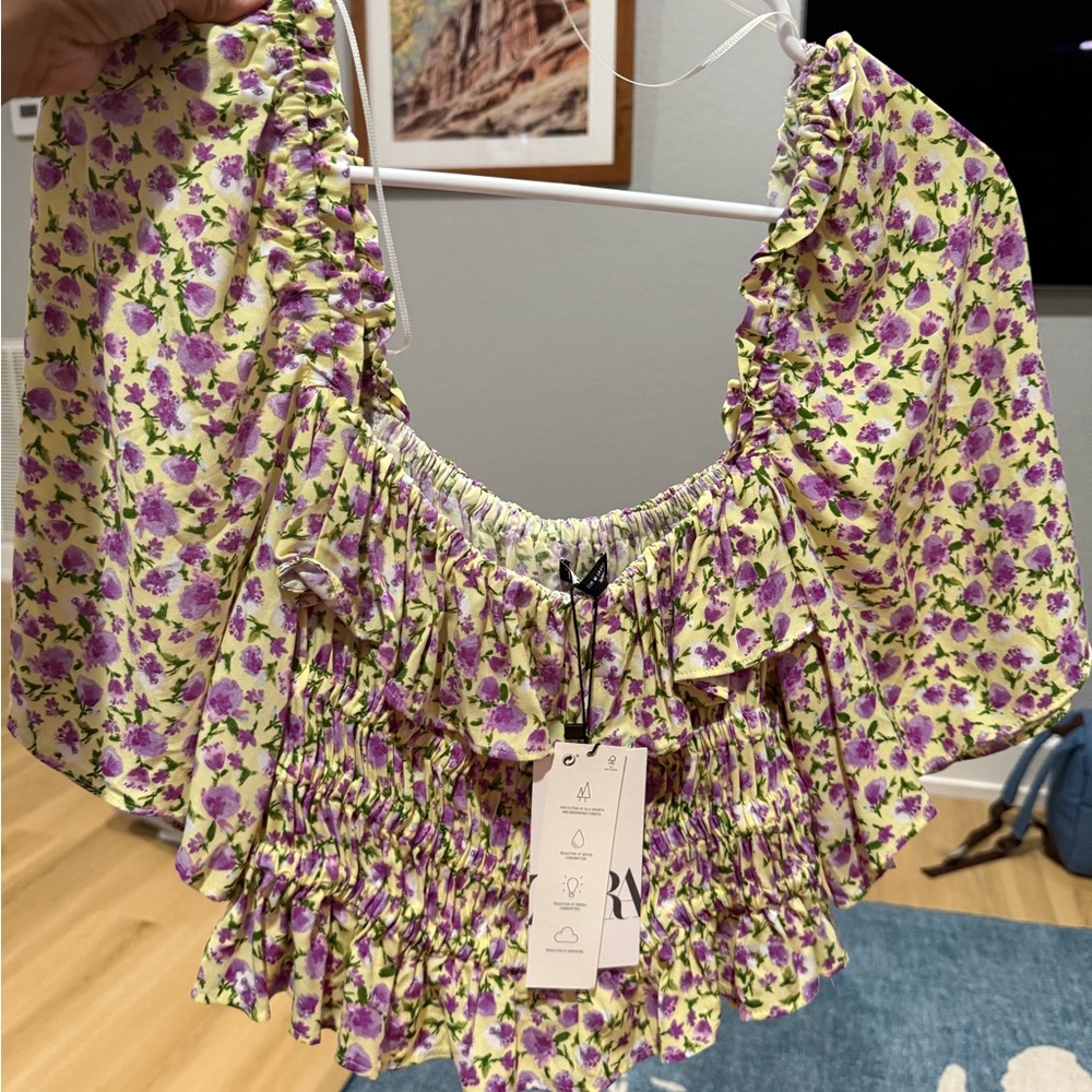 NWT Zara Purple Floral Ruffled Blouse